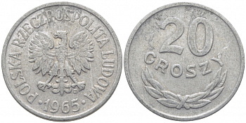 ПОЛЬША 20 ГРОШЕЙ 1965 MW KM А47 алюминий 4448-342