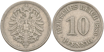 Германия 10 пфеннигов 1889 А, старогербовка KM 4 J. 4 медно-никель    4153-321