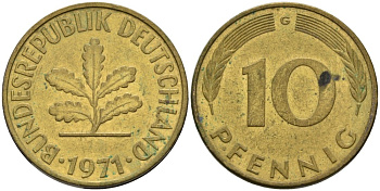 ФРГ 10 пфеннигов 1971 G KM 106 сталь плакированная латунью 4571-535