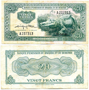 Руанда и Бурунди 20 франков 1960 крокодил Pick 3 a бумага 000-000-00