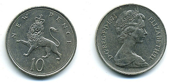 Великобритания 10 пенсов 1974 Елизавета II (1952-2022) KM 912, Spink 4231 (F1) медно-никель  4110-1342