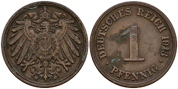 Германия 1 пфенниг 1913 G KM 10, J. 10 медь 192-943