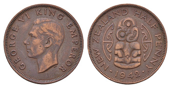 Новая Зеландия 1/2 пенни 1942 Георг VI (1936-1952), божество Хей-Тики KM 12 бронза 4671-515