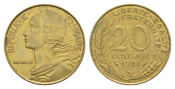 Франция 20 сантимов 1988 тип Morlon KM 930, Le Franc 156.28 алюминиевая бронза 4631-514