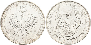 ФРГ 5 марок 1968 D, 150 лет со дня рождения Макса фон Петтенкофера J. 398, KM 123.1 серебро 88-216