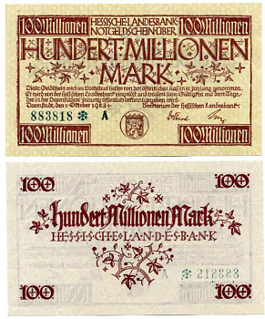 ДАРМШТАДТ, ГЕРМАНИЯ 50000000 МАРОК (50 МИЛЛИОНОВ) 1923 1 СЕНТЯБРЯ 1923, НОТГЕЛЬД, ЗЕМЛЯ ГЕССЕН, НОМЕР, СНЕЖИНКА, СЕРИЯ А, ЗЕЛЁНАЯ, HESSESCHE LANDESBANK Keller 956е бумага UNC (ПРЕСС) 8613-22-1-2