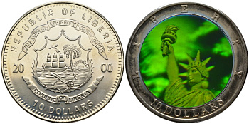 Либерия 10 долларов 2000 серия история Америки, статуя Свободы, голограмма, сертификат KM 223 медно-никель BUNC 1078-7-43