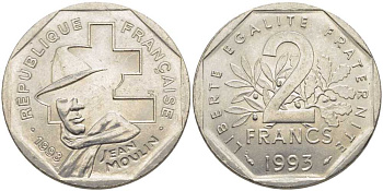 Франция 2 франка 1993 Жан Мулен, 50 лет Национальному движению сопротивления KM 1062, Le Franc 273.2 никель 111-1121
