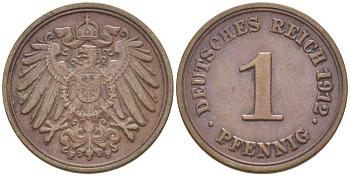ГЕРМАНИЯ 1 ПФЕННИГ 1912 F KM 10, J. 10, Weege 2 медь 211-451