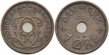 Дания 1 эре 1928 Кристиан X (1912-1947) KM 826 бронза 4147-423