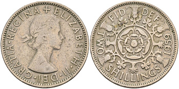 Великобритания 2 шиллинга (флорин) 1959 Елизавета II (1952-2022) KM 906, Spink 4146 медно-никель 4117-1026