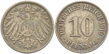 ГЕРМАНИЯ 10 ПФЕННИГОВ 1910 А KM 12, J. 13 медно-никель 210-654