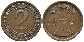ГЕРМАНИЯ 2 РЕНТЕНПФЕННИГА 1923 A KM 31, J. 307 бронза 24-432