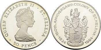 Остров Святой Елены 50 пенсов 1984 150 лет колонизации (1834-1984), тираж 5000 экз. KM 12а серебро PROOF 00-000-00