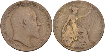 Великобритания 1 пенни 1910 Эдуард VII (1901-1910) KM 794.2, Sp 3990 бронза 4117-735