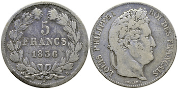 Франция 5 франков 1836 B, Луи Филипп I (1830-1848) KM 749.2 серебро 1066-7-53