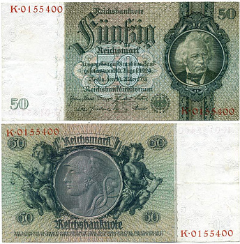 Германия 50 рейхсмарок 1933 буква Е, серия К Pick 182 a, Розенберг 175 а бумага XF 450-40-2-2