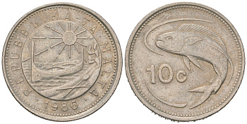 Мальта 10 центов 1986 золотая макрель KM 76 медно-никель 4528-1249
