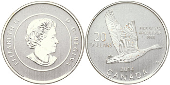Канада 20 долларов 2014 Канадская казарка, Елизавета II (1952-2022) KM 1561 серебро BU 01-233-34