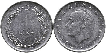Турция 1 лира 1974 Мустафа Кемаль Ататюрк KM 889а.2 нержавеющая сталь 4178-823