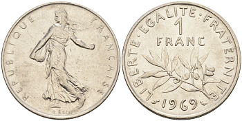 Франция 1 франк 1969 сеятель, тип Semeuse KM 925, Le Franc 226.14 никель 4592-1113