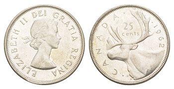 Канада 25 центов 1962 Елизавета II (1952-2022), олень KM 52 серебро 4541-952