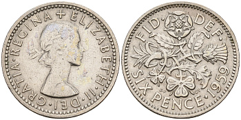Великобритания 6 пенсов 1959 Елизавета II (1952-2022) KM 903, Spink 4149 медно-никель    4152-1167