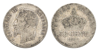 Франция 50 сантимов 1867 Наполеон III KM 814 серебро 54-627
