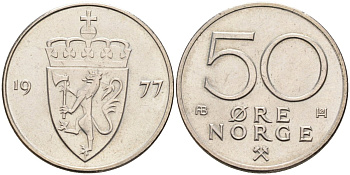 Норвегия 50 эре 1977 Улаф V (1957-1991) KM 418 медно-никель aUNC 4586-1142