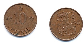 Финляндия 10 пенни 1929 республика (1918-1962) KM 24 медь 51-5311