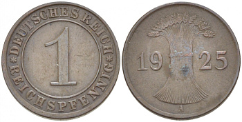 ГЕРМАНИЯ 1 РЕЙХСПФЕННИГ 1925 А KM 37, J 313 бронза 4532-526