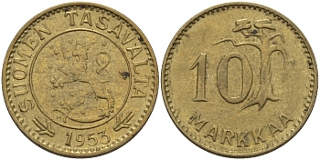 ФИНЛЯНДИЯ 10 МАРОК 1953 H KM 38 алюминиевая бронза 100-228