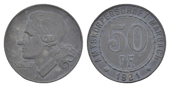 Марбах 50 пфеннигов 1921 Фридрих Шиллер Funck 316.3, Men05 16251.3, Men18 20385.3 цинк 4586-526