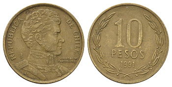 Чили 10 песо 1991 KM 228 никель латунь 4155-143
