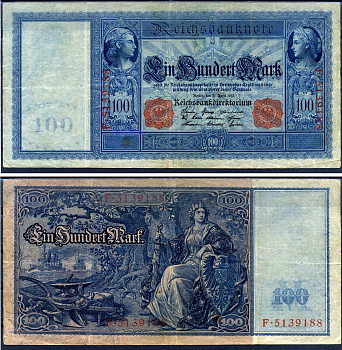 Германия 100 марок 1910 21 апреля 1910, красная печать, Меркурий и Церера, голубая бумага Pick 42 (2) бумага 2194-34-1-2