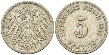 Германия 5 пфеннигов 1911 A KM 11, J. 12, Weege 6 медно-никель 206-968