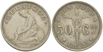 БЕЛЬГИЯ 50 САНТИМОВ 1933 BELGIQUE KM 87 никель 261-1642