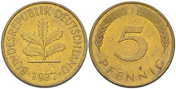 ФРГ 5 ПФЕННИГОВ 1977 J KM 107, J. 382 сталь плакированная латунью 4181-955
