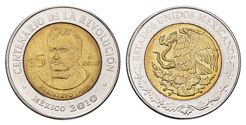 Мексика 5 песо 2008 Столетие революции - Эриберто Хара KM 901 биметалл UNC 216-1155