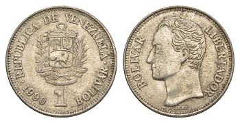 Венесуэла 1 боливар 1990 Симон Боливар, толстый шрифт Y 52a.2 сталь плакированная никелем 4591-1052