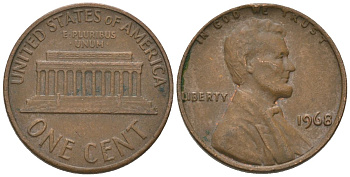 США 1 цент 1968 Линкольн KM 201 медь цинк 4567-949