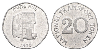 Великобритания транспортный жетон в 20 пенсов - CVD6 Bus 1949 ND (1973-2014) диаметр 25 мм, вес 1,5 гр алюминий 4172-153
