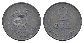 Дания 2 эре 1957 C; S, Фредерик IX (1947-1972) KM 840.2 цинк 4681-553