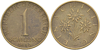 Австрия 1 шиллинг 1980 KM 2886 алюминиевая бронза 4592-1017