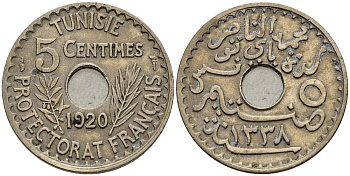 Тунис 5 сантимов 1920 A KM 242 никель латунь     4514-1153