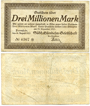 ДАРМШТАДТ, ГЕРМАНИЯ 3000000 МАРОК (3 МИЛЛИОНА МАРОК) 1923 14 АВГУСТА 1923 - 31 ДЕКАБРЯ 1923, НОТГЕЛЬД, ЗЕМЛЯ ГЕССЕН, SUDD. EISENBAHN-GESELLSCHAFT (ЖЕЛЕЗНОДОРОЖНЫЕ КОМПАНИИ) Keller 958 бумага 8613-28-1-2