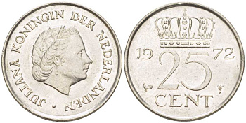 Нидерланды 25 центов 1972 Юлиана (1948-1980) KM 183 никель 214-965
