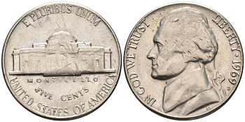 США 5 центов 1969 D, Джефферсон KM А192 медно-никель 92-1143