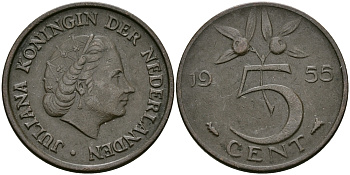 НИДЕРЛАНДЫ 5 ЦЕНТОВ 1955 ЮЛИАНА KM 181 бронза 95-317