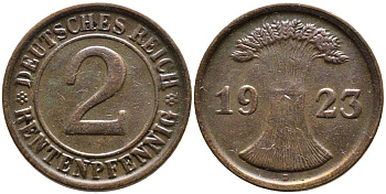 ГЕРМАНИЯ 2 РЕНТЕНПФЕННИГА 1923 D, ВЕЙМАРСКАЯ РЕСПУБЛИКА (1919-1933) KM 31, Jager 307, Weege 3 бронза 4546-752